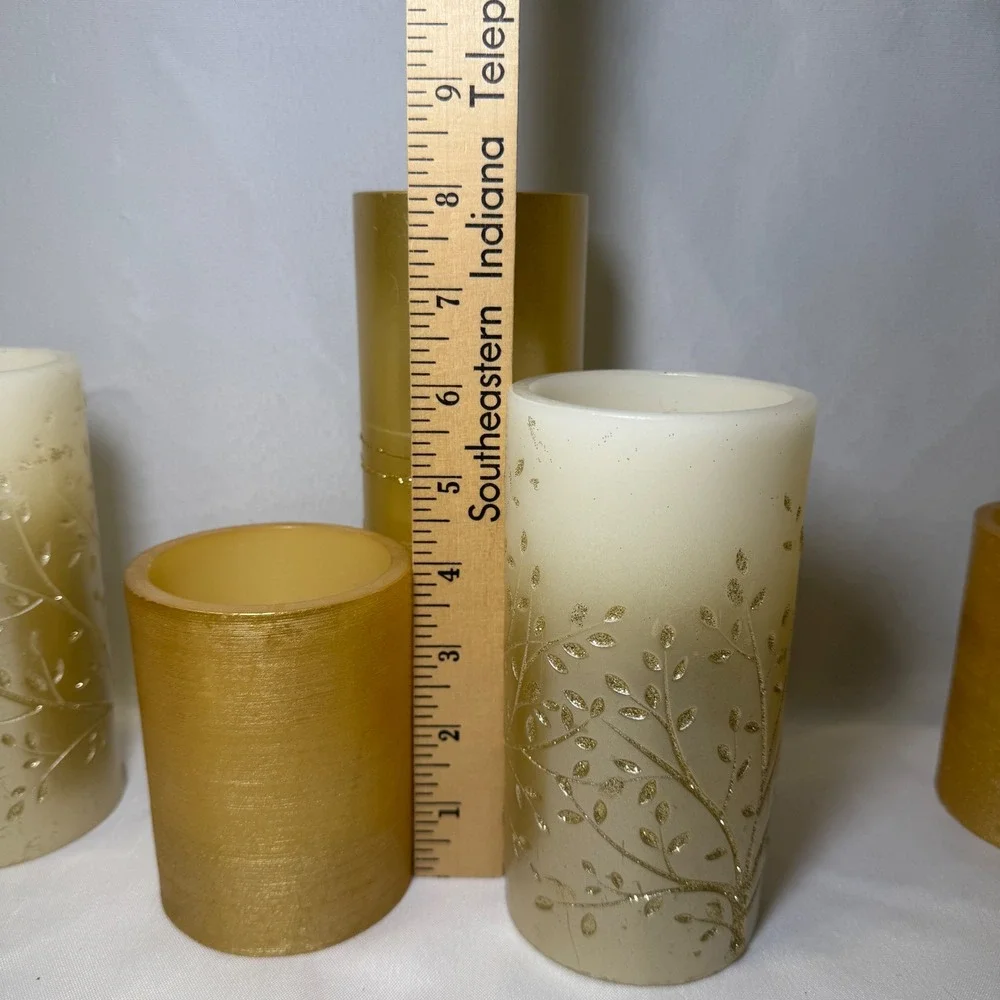 Gold Flameless LED Pillar Candle Set of 5 Glitter Tree & Textured Metallic Decor